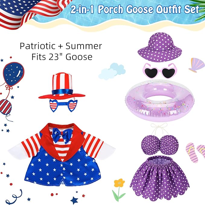 2 Set Porch Goose Outfits Summer Bikini Outfit with Swim Ring | Goose Clothes Fits 23" Cement ,Concrete or Plastic Lawn Goose Statues, Funny Outdoor Yard Garden Patio Decor