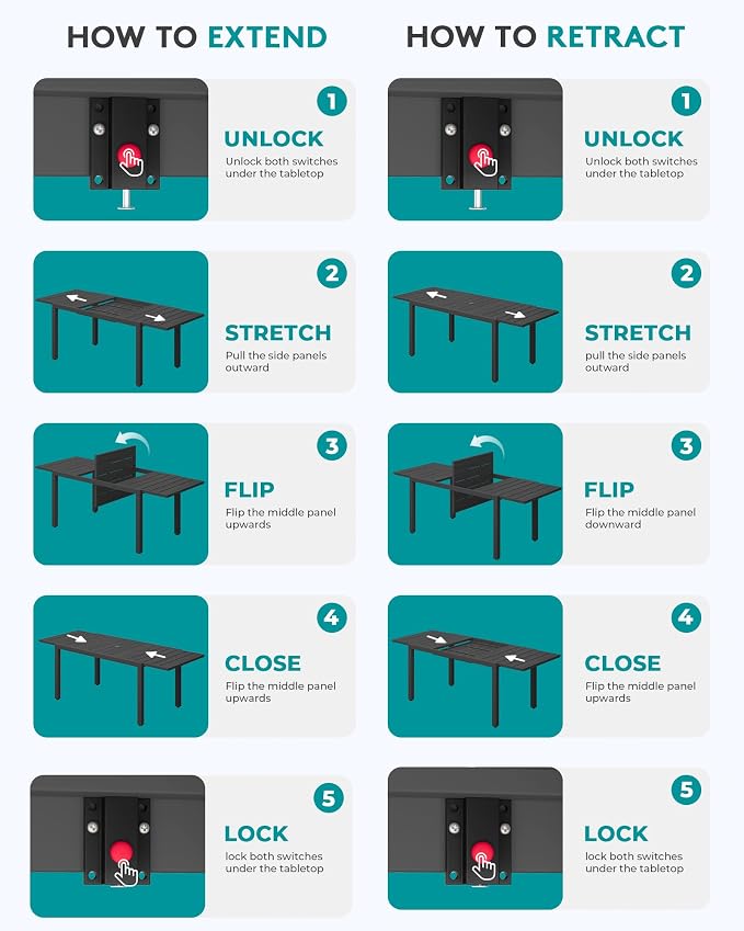 SERWALL Outdoor Expandable Dining Table 60" - 83", Black | Patio Dining Table for 4-8 People, All Weather HDPE and Aluminum Outdoor Furniture