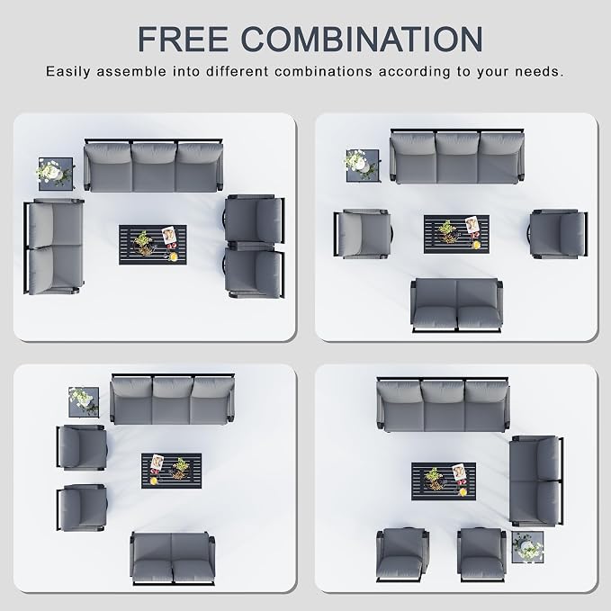 6 Pieces Patio Furniture Set, Metal Outdoor Conversation Sets with Swivel Chairs, Modern Couch Sofa Seating Group with Coffee Table and Side Table (Thick Gray Cushions)