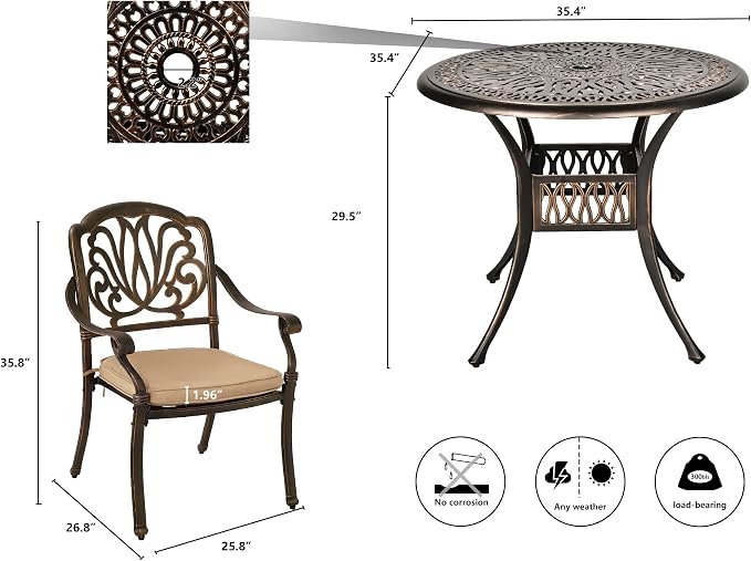 TITIMO 5-Piece Cast Aluminum Outdoor Patio Dining Set, 4 Pattern Chairs and 35.4" Round Table,Cast Aluminum Conversation Set with 2.2” Umbrella Hole 1 Round Table and 4 Chairs with Cushions (Khaki)
