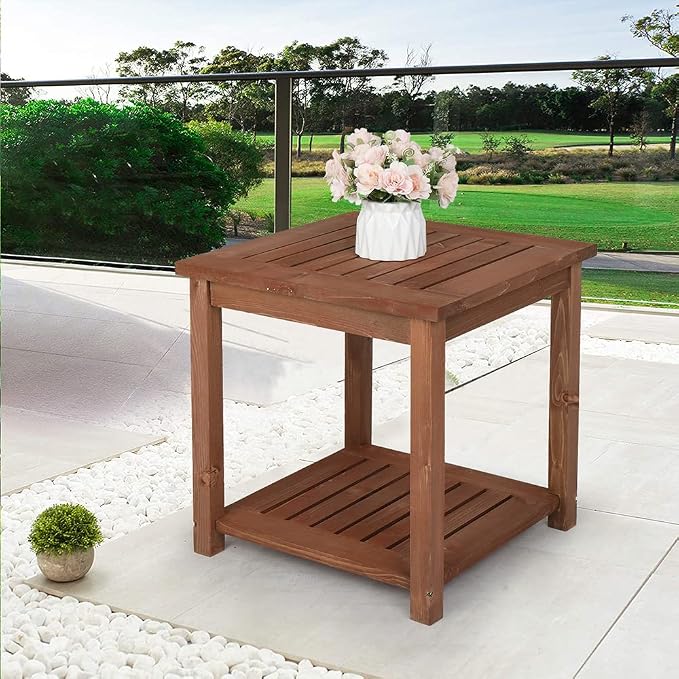 Outdoor Side Table, Carbonized Color Wood 18 inch Poolside Patio Table, Square Coffee Table with Storage Tier for Patio Porch Lawn