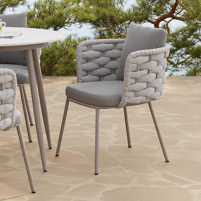 7-Piece Outdoor Dining Set - 70.9'' Sintered Stone Top Dining Table with 6 Rope Woven Armchairs, Aluminum Frame, and Cushions for Patio, Garden, and Outdoor Dining
