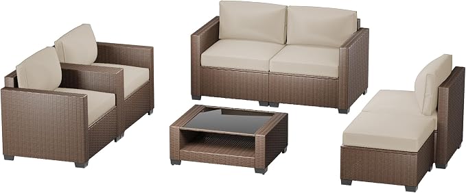 Patio Furniture Set, 7-Piece Outdoor Sectional Couch with Coffee Table & Thick Cushions, Outdoor Wicker Conversation Set for Backyard, Poolside, Garden (Brown-White, 7 Piece-Double)