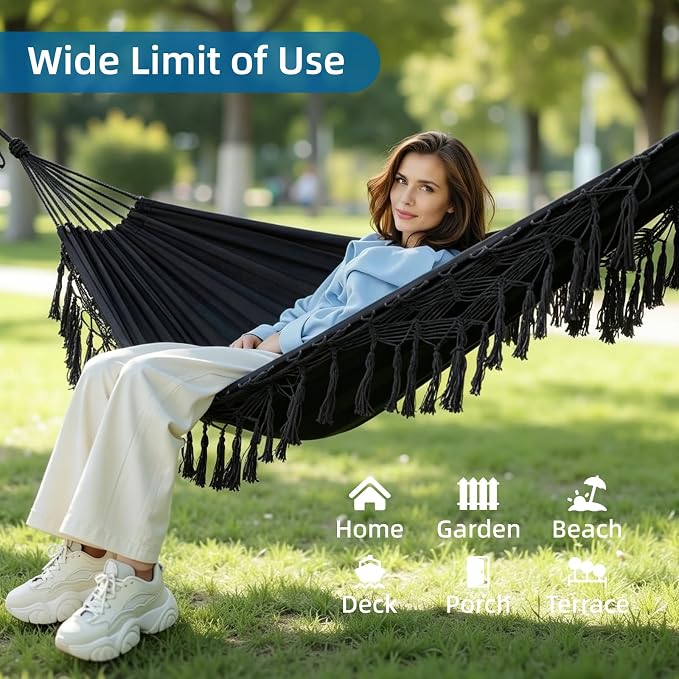 Brazilian Style Double Hammock with Fringe, 2 Person Patio Hammock for Backyard & Indoor Relaxation, Soft Breathable Fabric, Easy Setup with Straps & Carry Bag, 360 lbs Capacity