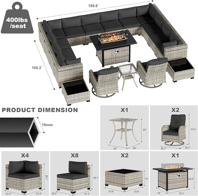 18-Piece Patio Furniture Set, Outdoor Patio Furniture with 55,000 BTU Fire Pit Table, Swivel Chairs Set, Thick Cushions, Modular Patio Sofa, Dual-Strand Wicker Rattan, Rust-Resistant Frame,Black