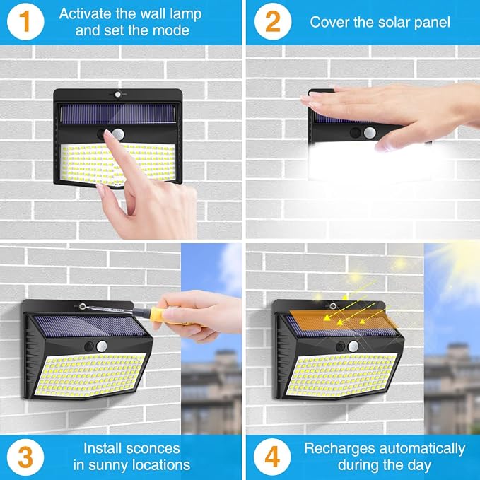 8 Pack Solar Lights Outdoor Motion Sensor with 3 Lighting Modes | Cool White, Black, Waterproof, LED, Solar Powered, Security, Outside, Wall, Garden, Fence, Yard, Deck, Patio Garage