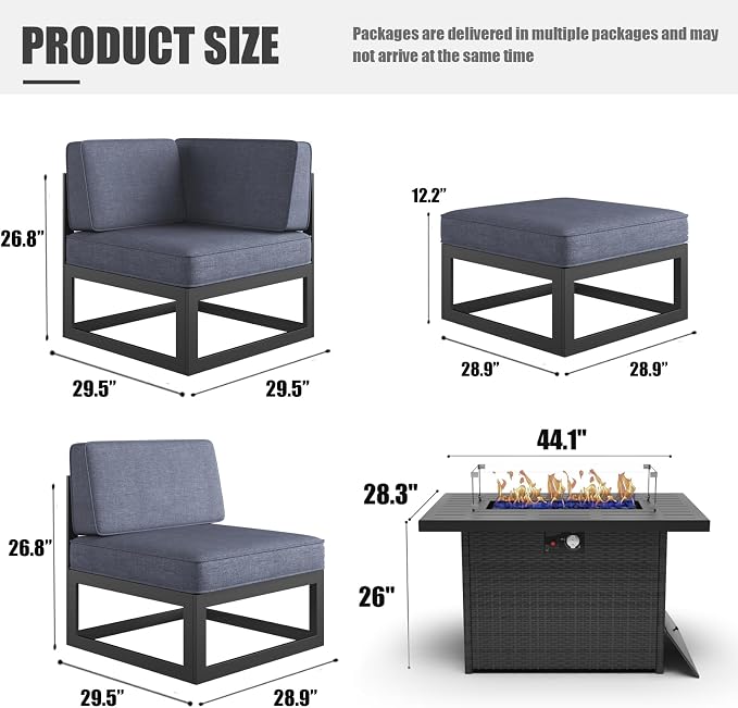 LayinSun Large Aluminum Patio Furniture Set with Fire Pit Table, 11 Pieces Modern Outdoor Conversation Set Sectional Metal Sofa Set with Olefin Cushion