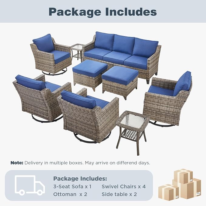 Belord Patio Wicker Swivel Rocker Patio Chairs with 3-Seater Sofa, Outdoor Rattan Chairs for Deck Porch Poolside, 7 Piece Patio Conversation Furniture Set,Blue
