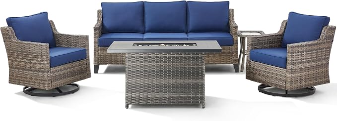 Outdoor Patio Furniture Set with 42.5" Fire Pit Table-5 Pieces All Weather Wicker Outdoor Furniture with High Back Swivel Patio Chairs Set of 2 Outdoor Patio Conversation for Deck Garden Blue/Gray