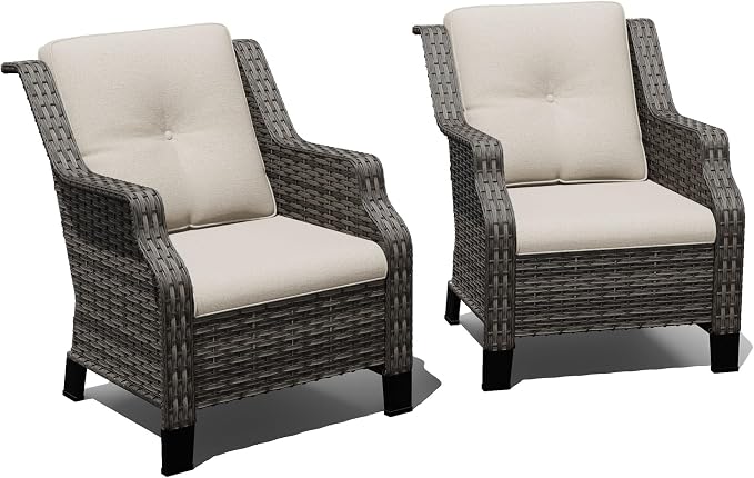 Outdoor Patio Chairs Set of 2, Wicker Patio Furniture with Thick Cushions, Curved Armrest, Deep Seating, Rattan Outdoor Chairs for Porch, Deck, Balcony