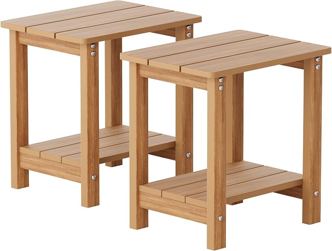MXIMU Outdoor Side Table Set of 2: Heavy-Duty Sturdy Warp Resistant Adirondack Table - Wood Grain Finish Outdoor End Tables - Easy Assembly & Low Maintenance Patio Side Table Teak
