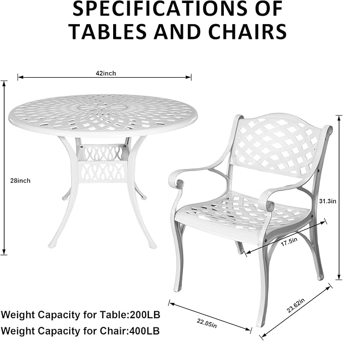 5 Piece Cast Aluminum Outdoor Dining Set, Outdoor Table and Chairs Set of 4, Patio Dining Set with 4 Chairs and 42" Round Table, Patio Conversation Set with 1.97" Umbrella Hole