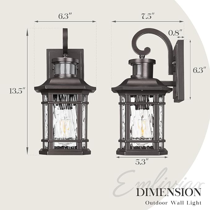 Emliviar Vintage Motion Sensor Wall Mount, 13.5" Outdoor Wall Light with Water Ripple Glass, Outside Farmhouse Lamp for Warehouse, Oil Rubbed Bronze Finish, 2084B-SE ORB-SW