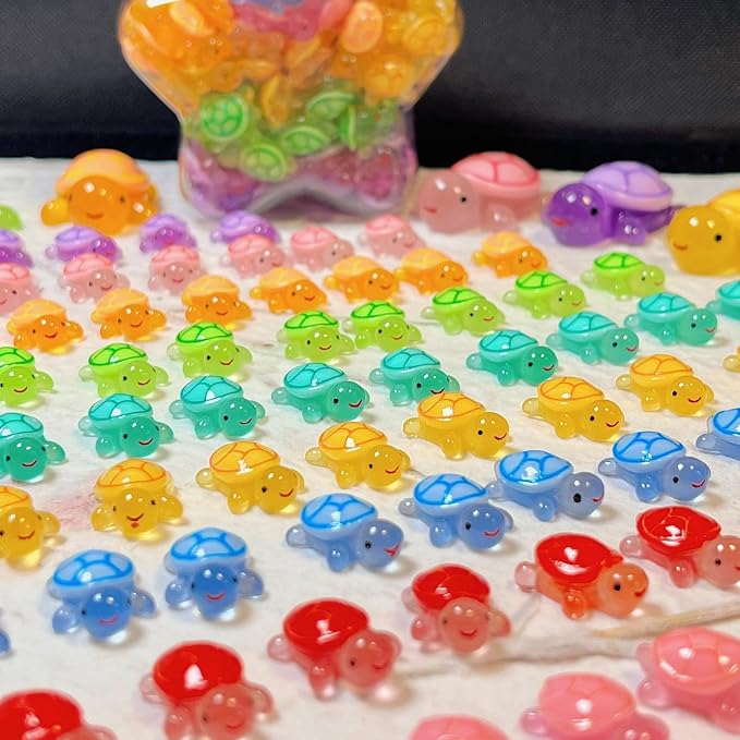 100 Pcs Mini Glow in The Dark 3D Resin Turtles Miniature | Garden Figurines, DIY Dollhouse Fish Tank Fridge Wall Art, Safe Durable Non Fading, 10 Colors