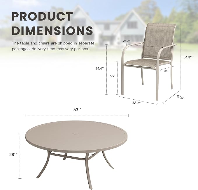 11 Pieces Outdoor Dining Set, Stackable Textilene Paito Chairs & 63" Round Dining Table with Umbrella Hole, Patio Dining Set for Backyard, Deck, Garden, Sandshell