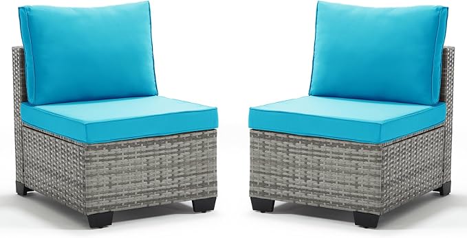 ANJ Outdoor Wicker Patio Chairs Set of 2, Modular Armless Patio Seating with Thick Cushions, All-Weather Rattan Conversation Chair Set for Porch, Balcony, Garden, Backyard, Light Grey Wicker-Turquoise
