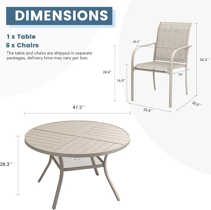 DIFY Patio Dining Set for 6, 7 Piece Outdoor Table and Chairs Set, 47.2" Round Metal Patio Dining Table and 6 Textilene Stackable Patio Chairs, for Backyard Garden Poolside, Sandshell