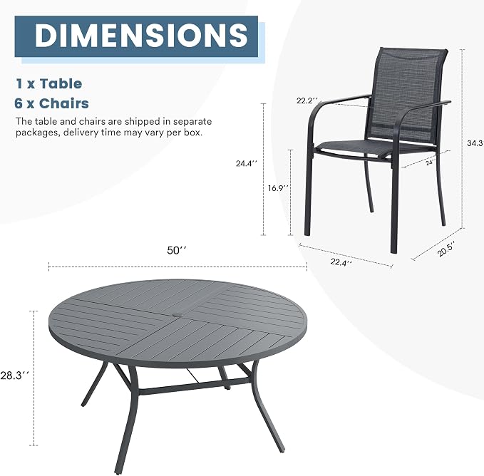 DIFY 7 Pieces Outdoor Patio Dining Set for 6, 50" Round Metal Dining Table and 6 Stackable Textilene Patio Chairs, Outdoor Table and Chairs for Backyard Garden Poolside, Grey