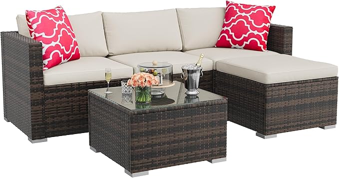 5-Piece Outdoor Sectional Sofa Set, All-Weather PE Rattan Patio Furniture with Ottoman & Tempered Glass Table, Convertible Garden Couch for Backyard, Porch, Poolside (Brown/Beige)