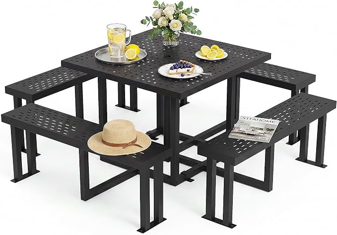 YITAHOME Commercial 38" Square Q235 Carbon Steel Picnic Table, Heavy Duty Metal Outdoor Table Set with Umbrella Hole, Industrial Grade Park Furniture (Black)