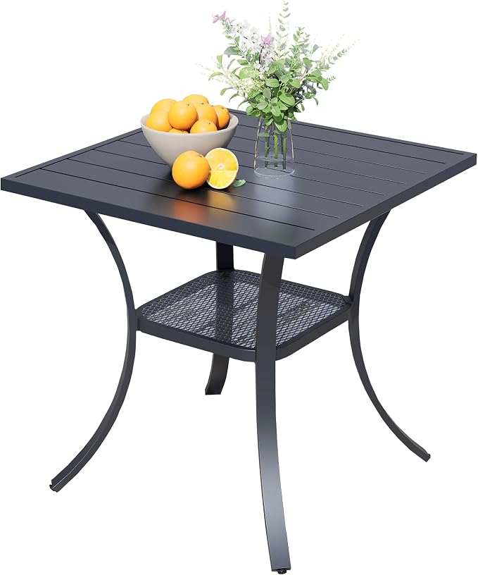 27.6" Square Outdoor Patio Table, All-Weather Metal Patio Table with Storage Shelf,Outdoor Dining Table for Lawn Garden Porch, Black