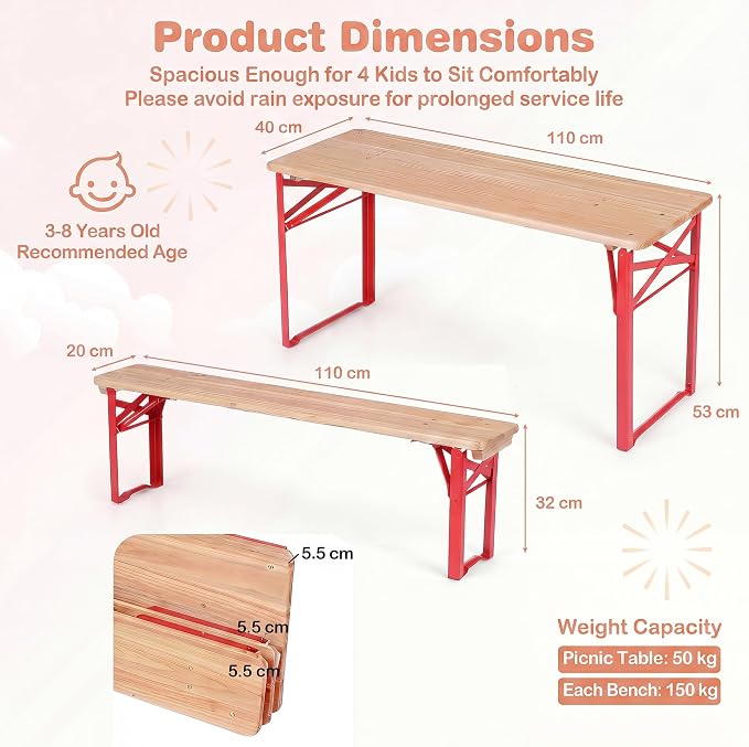 HONEY JOY Kids Picnic Table, 43.5 Inch Folding Toddler Outdoor Table & 2 Benches, Fir Wood Top & Metal Frame, No Assembly, Portable Easy to Store Camping Table and Chairs for Patio Backyard (Red)