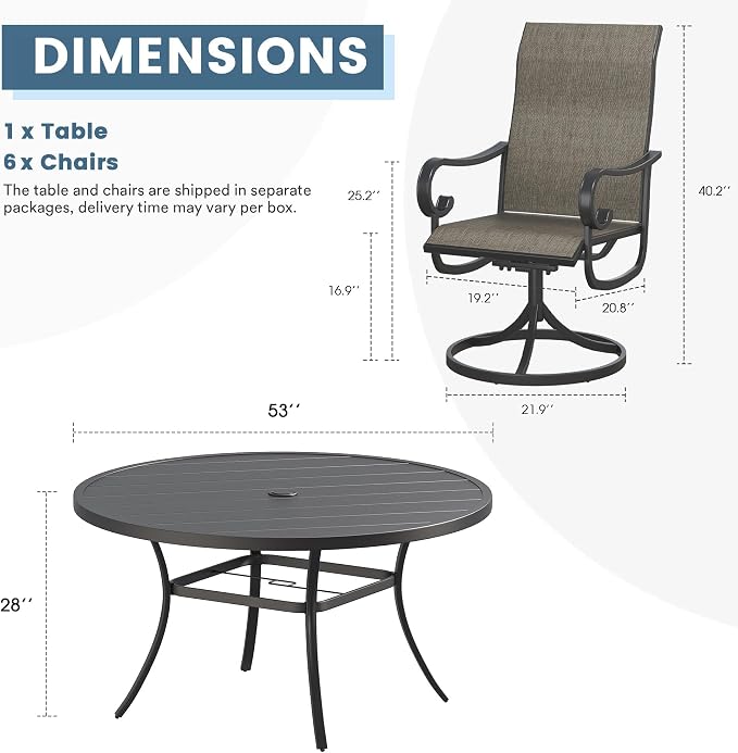 DIFY 7 Pieces Outdoor Dining Set for 6, Outdoor Furniture Set of 6 Brown Textilene Swivel Patio Chairs, 53" Black Round Metal Dining Table with Umbrella Hole, for Garden Deck Backyard
