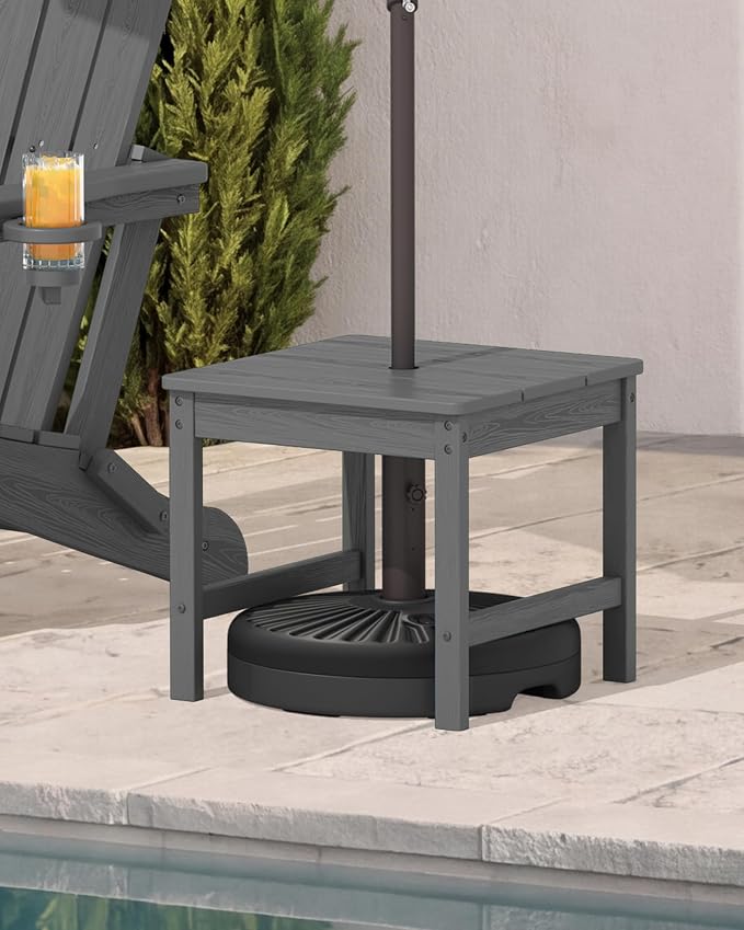 KINGYES Double Side Table with 1.6'' Umbrella Hole, HDPE Adirondack End Table- Gray