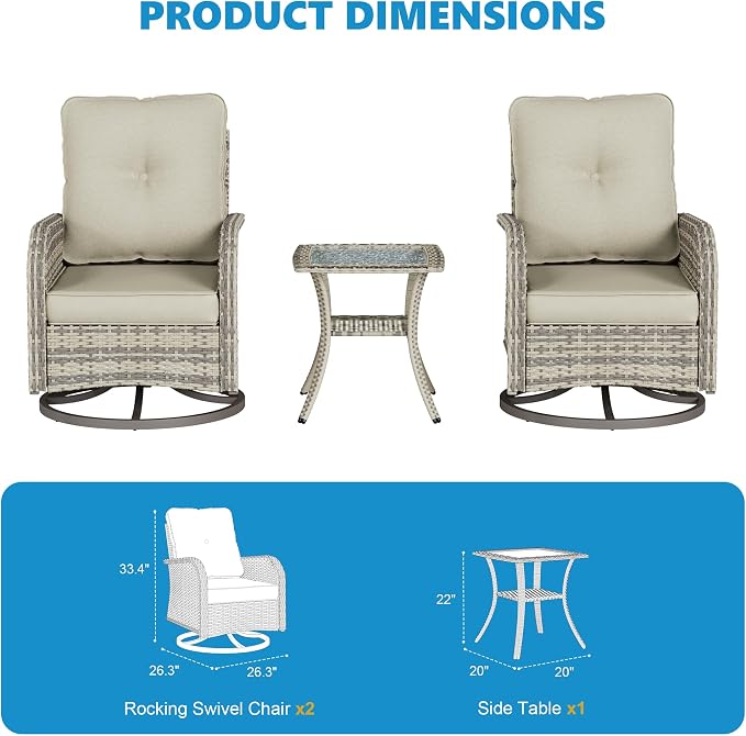 3-Piece Small Patio Furniture Set, Outdoor Swivel Rocking Chairs Set with Wicker Chairs and Tempered Glass Side Table, Outdoor Furniture Patio Bistro Set for Balcony, Deck, Porch