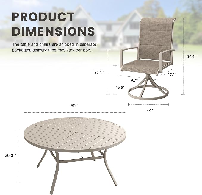 Outdoor Dining Set for 6, 50.1" Outdoor Dining Table with Umbrella Hole and Padded Textilene Patio Swivel Chairs, 7 Pieces Patio Table and Chairs Set for Garden Backyard, Sandshell