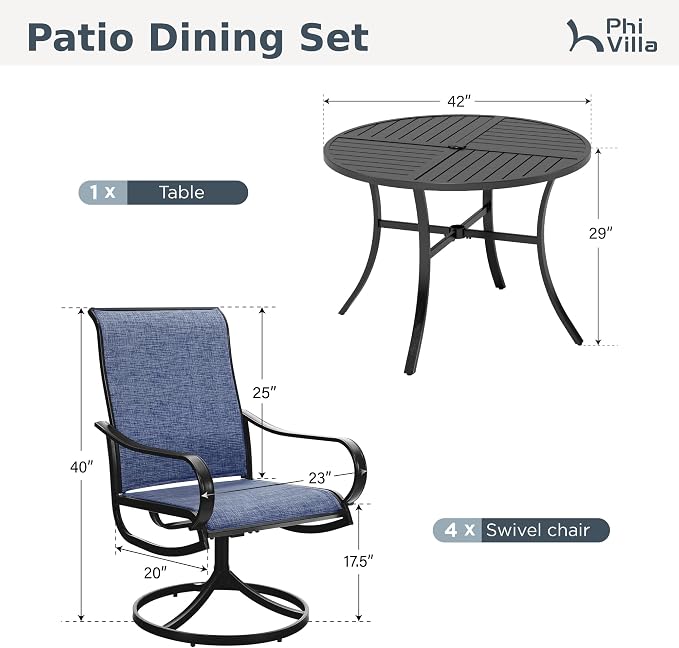 PHI VILLA Patio Dining Set for 4, Round Table & Swivel Mesh Chairs, Blue | 42'' Metal slat table with umbrella hole, E-coating metal frame & Textilene chairs, All-weather design for outdoor, deck