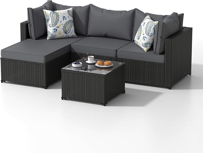 Patio Furniture Set, 5PCS Patio Sectional with Ottoman Wicker Rattan Outdoor Furniture with Thickened Cushion Modular Wicker Patio Conversation Set with Glass Top Table for Balcony, Backyard(Grey)