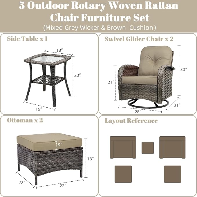 Patio Furniture Conversation Set with Ottomans, 5 Piece Wicker Patio Swivel Rocking Chairs with 360° Swivel Glider and Glass Coffee Table for Porch, Deck, Garden,Beige