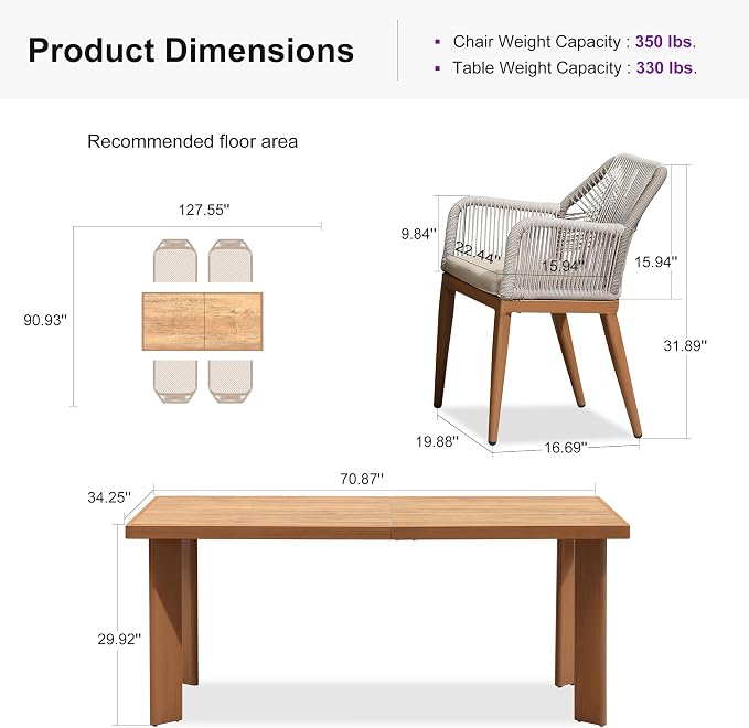 PURPLE LEAF 5 Pieces Patio Dining Set Aluminum Rectangular Table and Rattan Arm Chairs with Cushions for Kitchen Porch Garden Modern Outdoor Furniture Sets