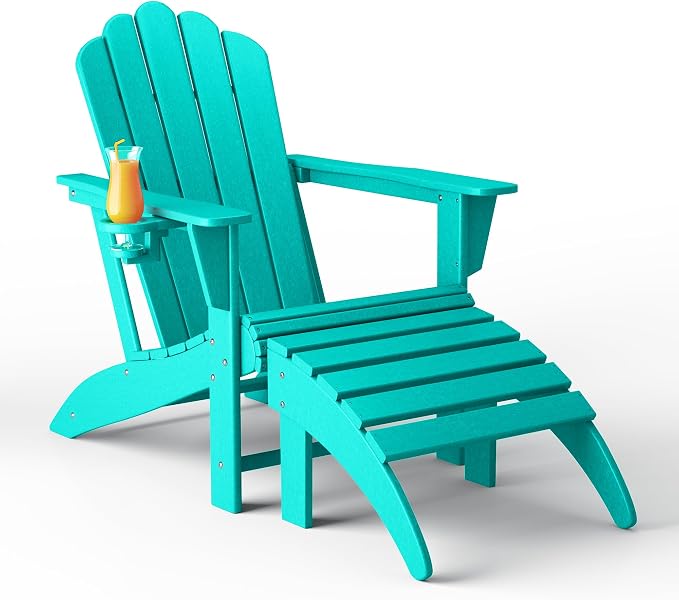 Costaelm Lakeview 2-Piece Outdoor Patio HDPE Adirondack Chair with Ottoman and Cup Holder Set, Turquoise