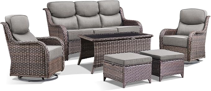 Luxury 6 Pieces Outdoor Patio Furniture Set-All Weather Wicker Outdoor Furniture with Swivel Rocker Patio Chairs 6-inch Extra Thick Cushions Wicker Conversation Set for Garden Porch(Brown/Grey)
