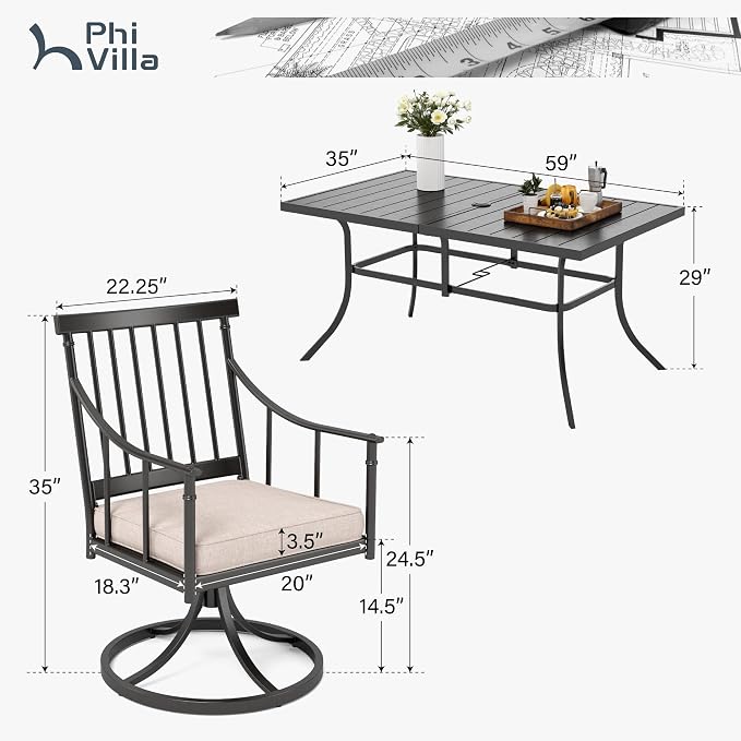 PHI VILLA 7 Piece, Outdoor Dining Set, 59"x36" Table, Umbrella Hole, Black | Wrought Iron, Swivel Chairs, Metal Chairs, Cushions, Weather-Resistant, 300+ lbs Capacity
