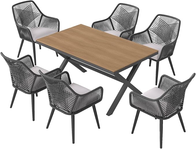 JOIVI 7 Piece Patio Dining Set for 6, All-Weather Outdoor Dining Furniture with Hand-Woven PE Rattan Chairs and Rectangular Dining Table, Outdoor Table and Chairs Set for Backyard, Cross Back&Black