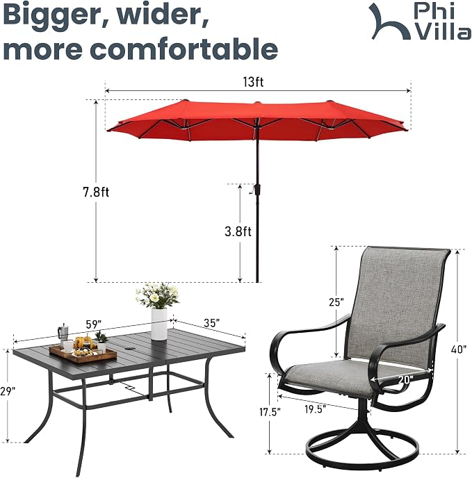 PHI VILLA Patio Dining Set with 13ft Umbrella for 6, Swivel Mesh Chairs | 59'' metal rectangular table, 6 brown outdoor textilene chairs and 13ft orange red umbrella(NO BASE) for deck, garden, yard