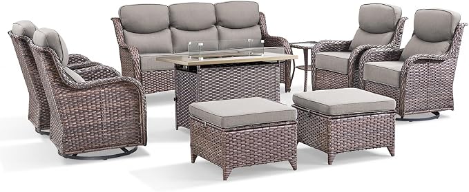 Luxury Patio Furniture Set with 6-inch Thick Cushion, Outdoor Furniture with Fire Pit Table, Swivel Chairs, Sofa, Side Table, Ottomans, 9pcs Wicker Conversation Set(Brown Wicker/Grey Cushion)