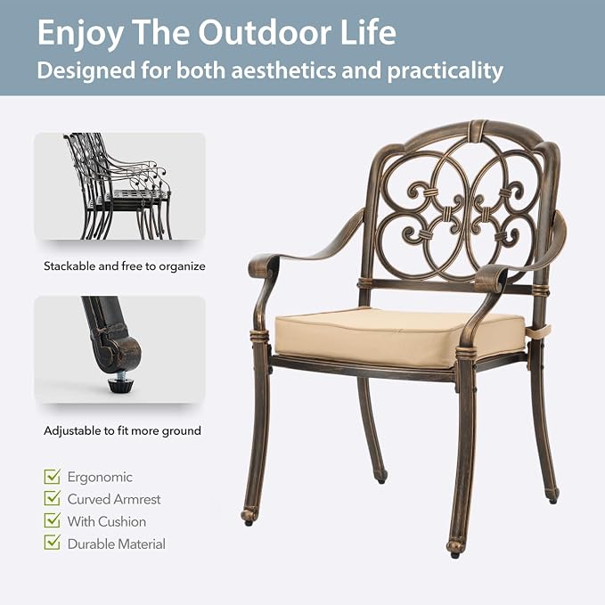 7-Pcs Cast Aluminum Patio Dining Set,59" Rectangular Table,Bronze | Outdoor Furniture Set Include Dining Table and 6 Stackable Chairs with Cushions & Umbrella Hole