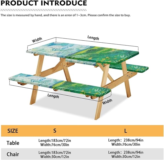 Green Field Picnic Table Cover with Bench Covers Elastic Picnic Table Covers Outdoor Table and Chairs Decorative Sets Camping Essentials Suitable for Summer Outdoor Camping