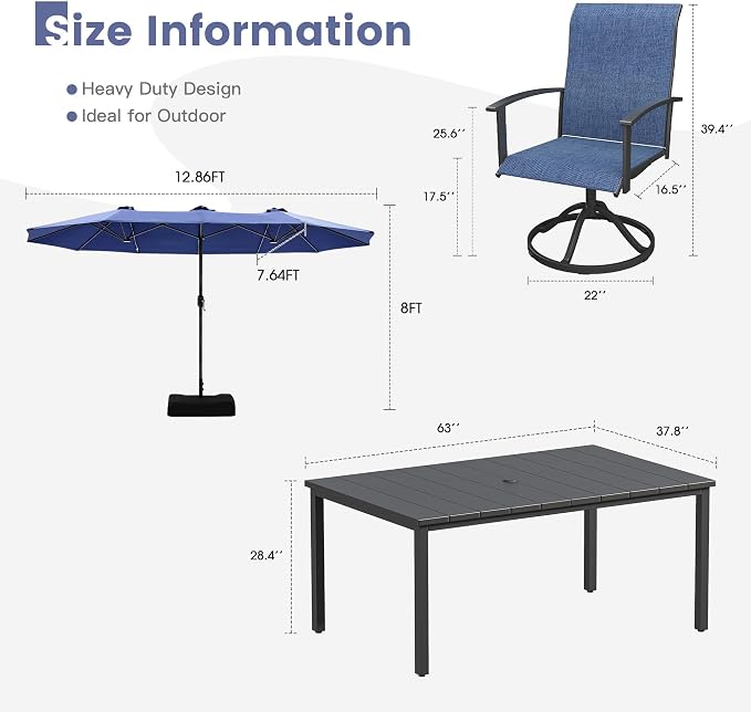 VICLLAX 8 Pieces Patio Dining Set with Umbrella, Patio Furniture Set of Metal Outdoor Table with Umbrella Hole and 6 Swivel Patio Chairs & Blue Patio Umbrella for Backyard Lawn, Dark Blue & Black
