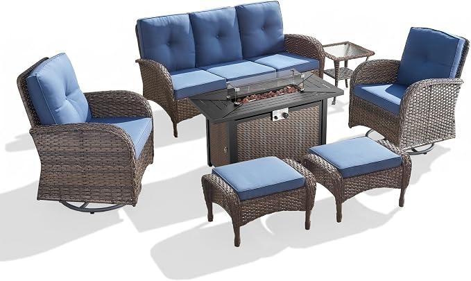7 Piece Patio Furniture Set with Fire Pit Table - Wicker Patio Conversation Set with Swivel Glider, 3 Seat Sofa, Side Table and 2 Ottomans for Deck Backyard - Brown Wicker Blue Cushion