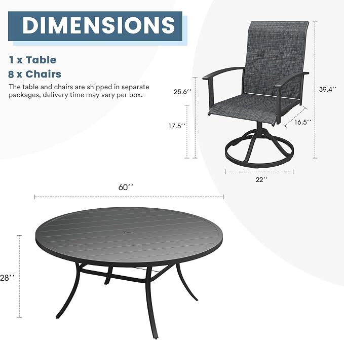 DIFY 9 Pieces Outdoor Dining Set for 8, 60" Black Round Metal Table with Umbrella Hole and Dark Grey Textilene Swivel Patio Chairs, Patio Table and Chairs Set for Garden, Backyard, Poolside