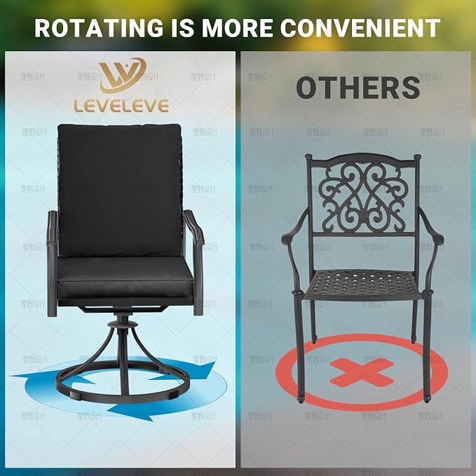 LEVELEVE 5 Piece Outdoor Patio Dining Set with 4 Swivel Dining Chairs & 1 Large Round Dining Table,Bistro Furniture Set for Lawn, Garden, Deck, Backyard and Porch