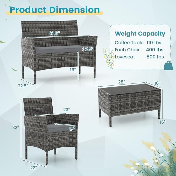 HAPPYGRILL 4 Pieces Outdoor Rattan Conversation Set, Patio Wicker Furniture Set with Loveseat Chairs & Tempered Glass Coffee Table, Outside Sectional Sofa Set for Backyard Garden Poolside, Gray