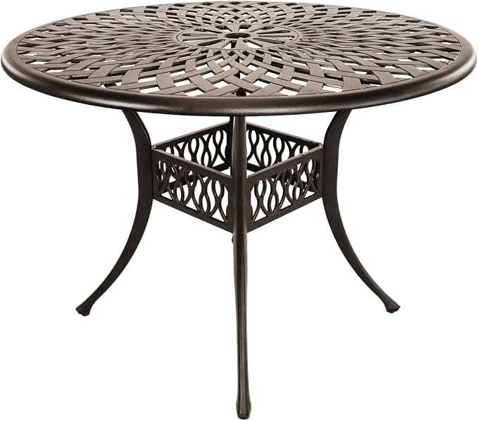 Round Outdoor Table, 42” Round Patio Table with Umbrella Hole, Cast Aluminum Patio Metal Dining Table, Outdoor Bistro Table for Backyard Porch Balcony (Bronze)