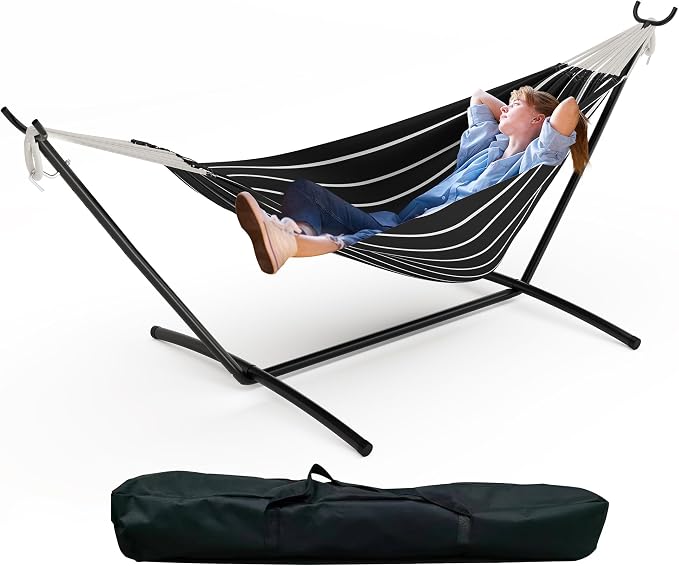 Double Cotton Hammock with Heavy Duty Steel Stand – 450 Lbs Capacity Brazilian Style Portable Hammock with Carry Bag for Backyard, Garden & Camping