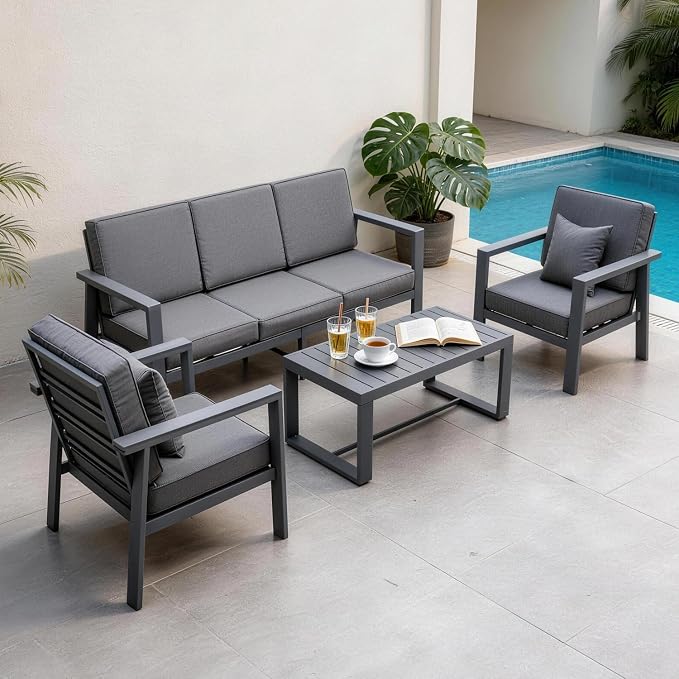 Modern All Weather Aluminum Patio Conversation Set,4 Pieces Oversized Metal Sectional Sofa Couch with Cushions and Coffee Table,Outdoor Furniture for Backyard,Porch,Garden, Balcony,Deck Grey